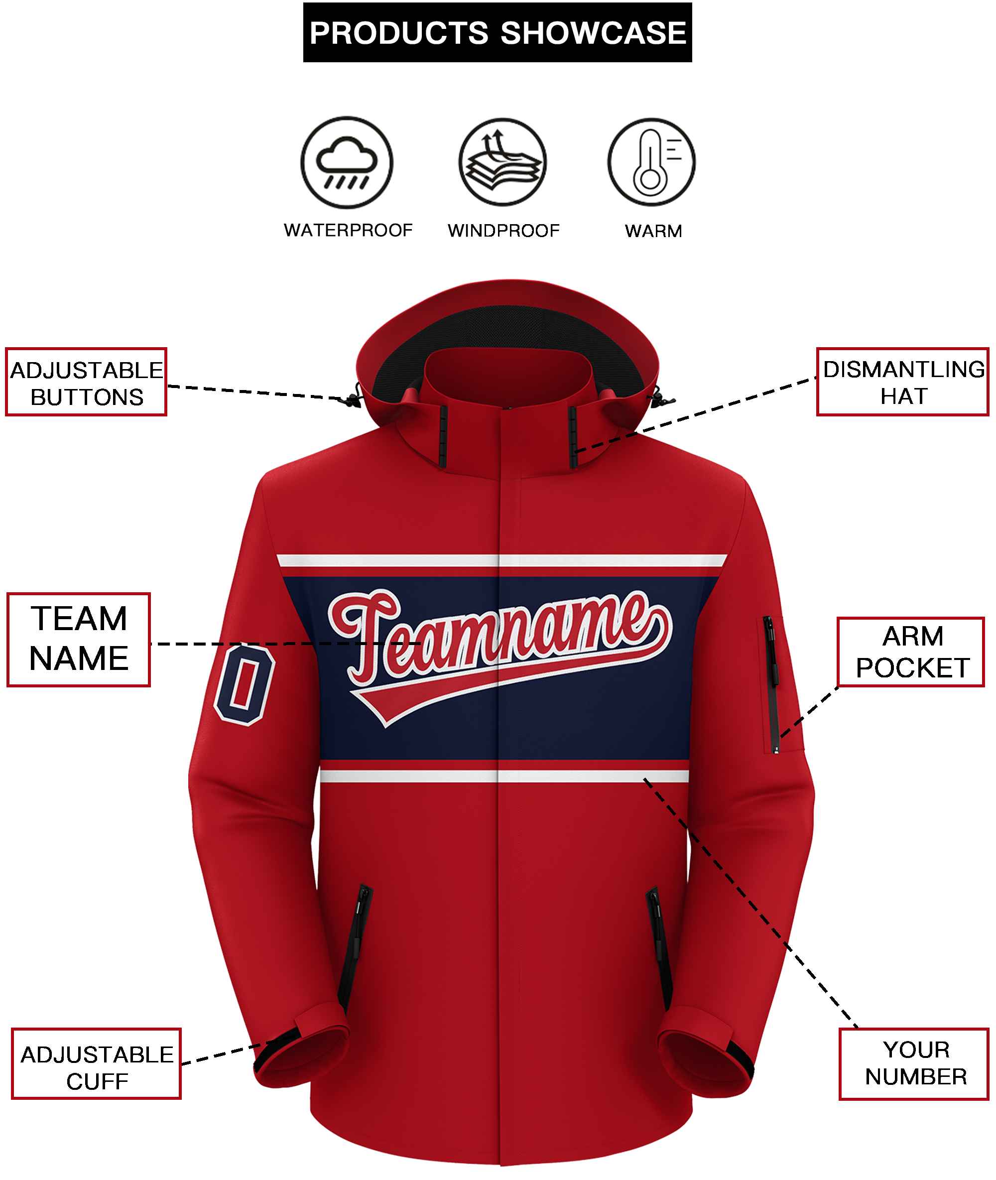 Custom Red White-Navy Color Block Personalized Outdoor Hooded Waterproof Jacket