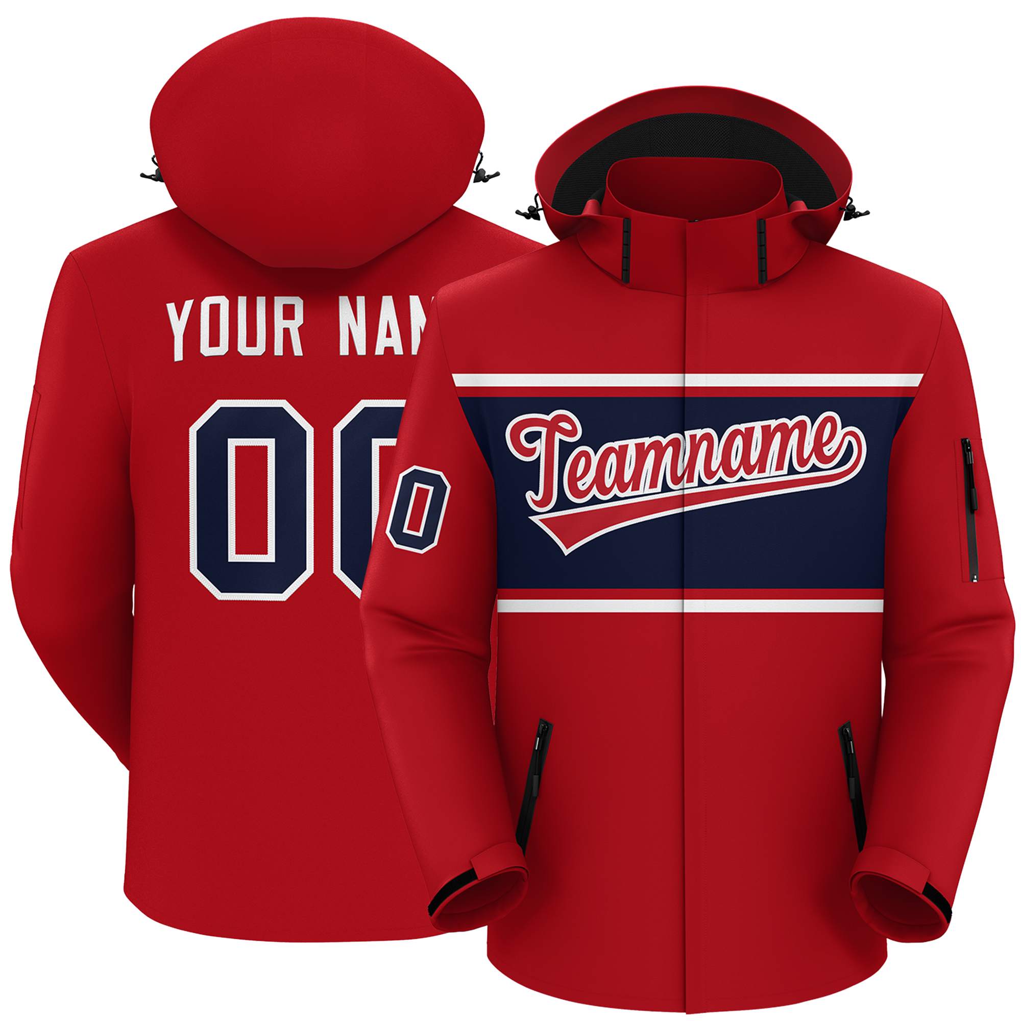 Custom Red White-Navy Color Block Personalized Outdoor Hooded Waterproof Jacket