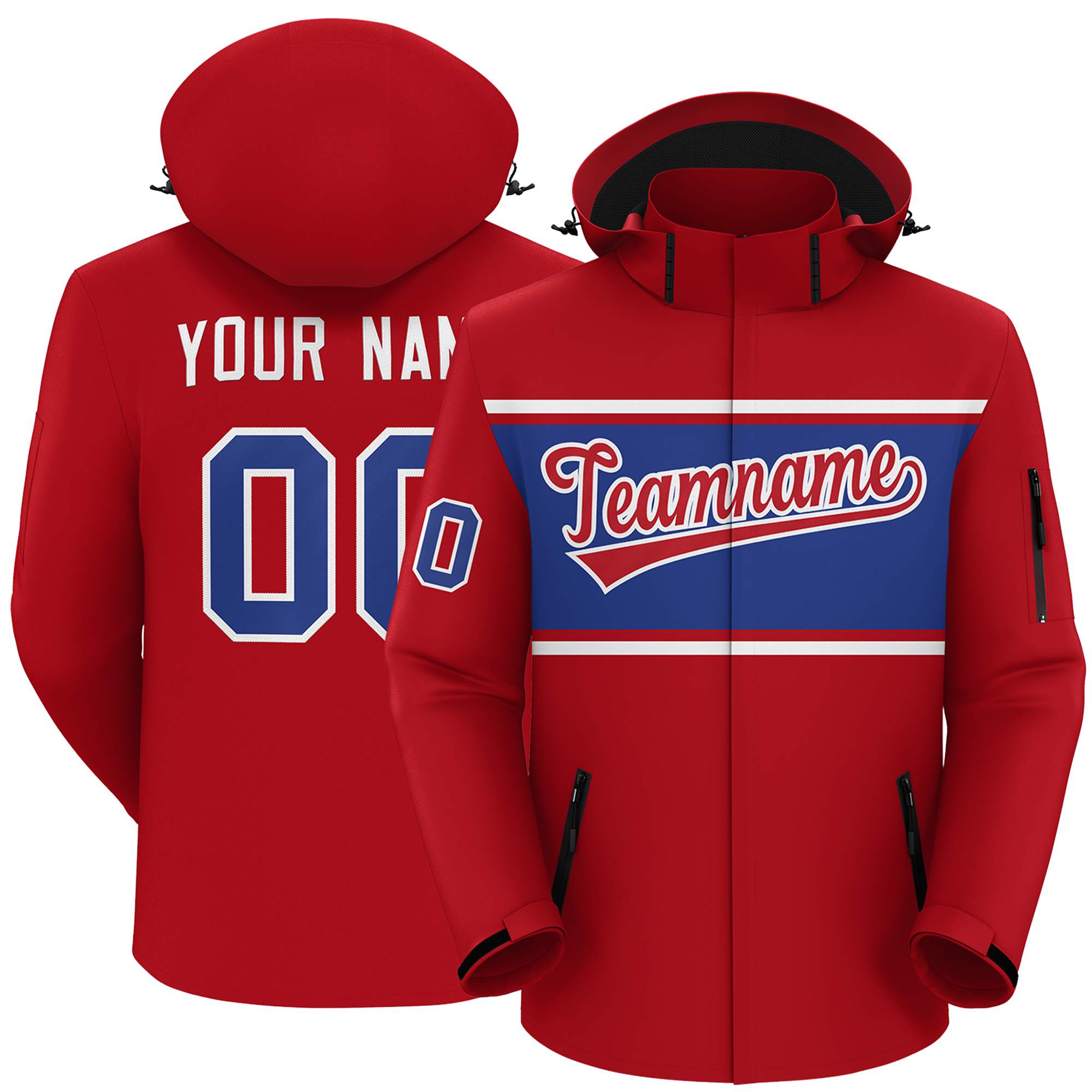 Custom Red White-Royal Color Block Personalized Outdoor Hooded Waterproof Jacket