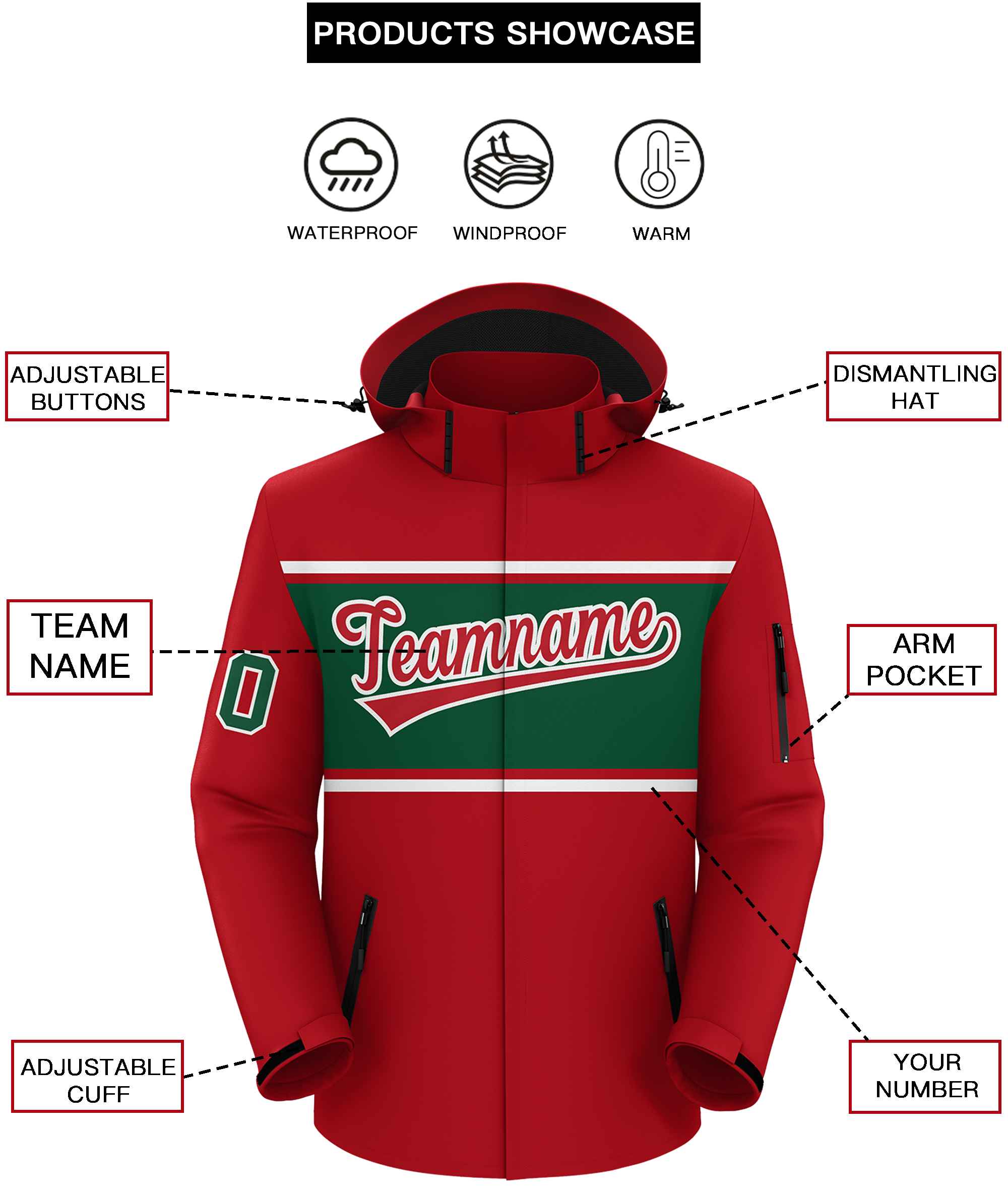 Custom Red White-Green Color Block Personalized Outdoor Hooded Waterproof Jacket