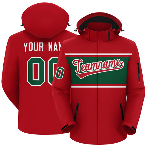 Custom Red White-Green Color Block Personalized Outdoor Hooded Waterproof Jacket