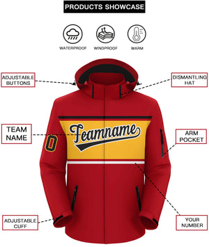 Custom Red Black-Gold Color Block Personalized Outdoor Hooded Waterproof Jacket