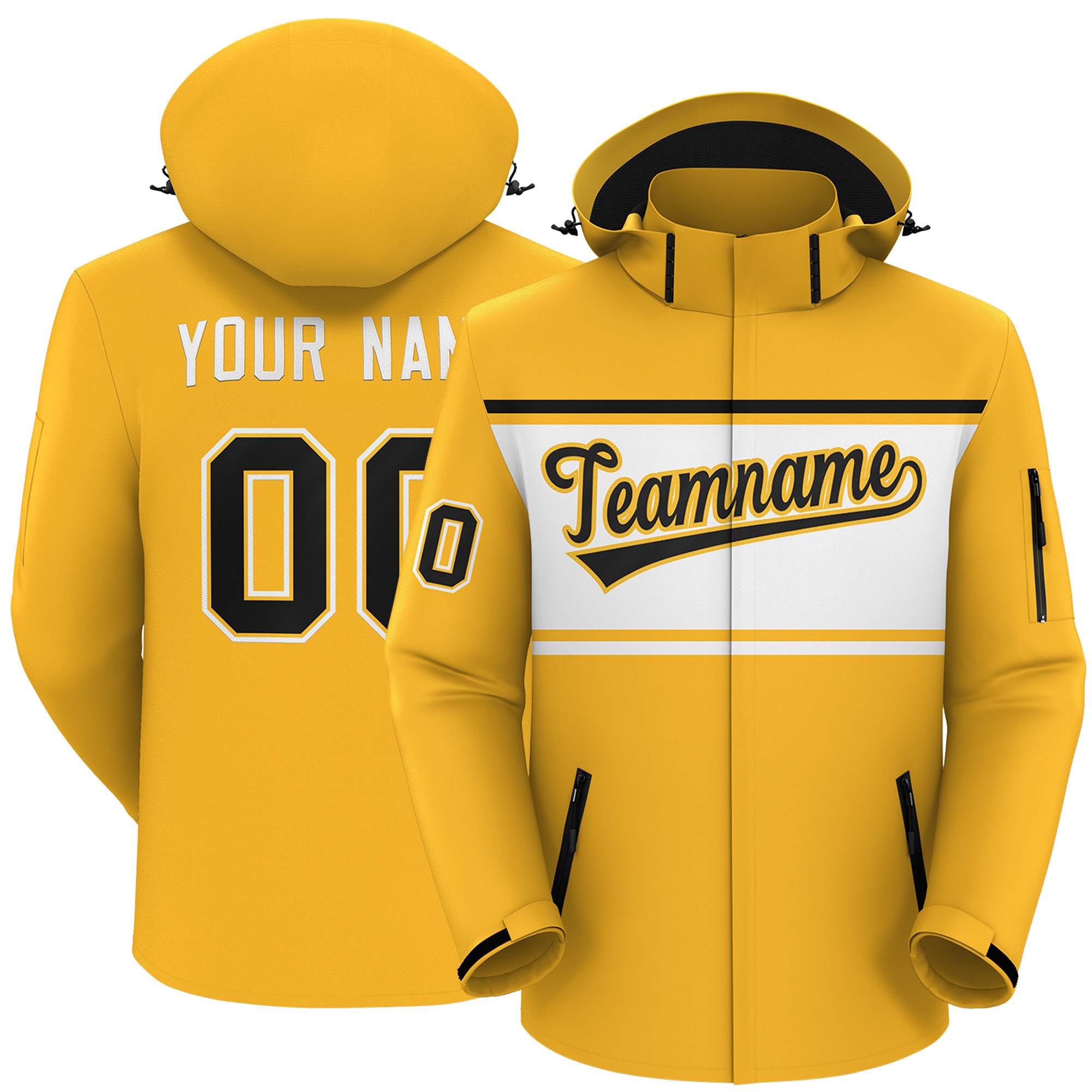 Custom Gold Black-White Color Block Personalized Outdoor Hooded Waterproof Jacket