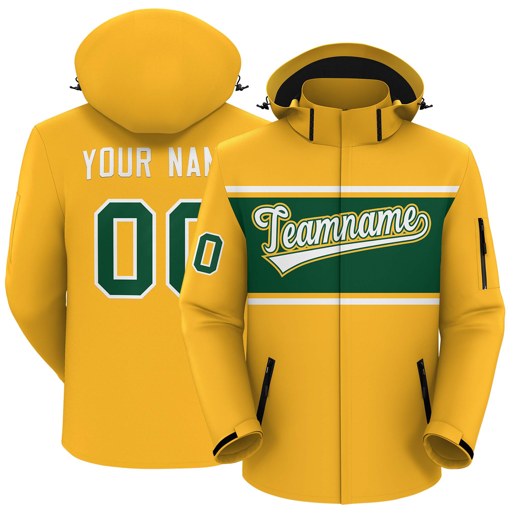 Custom Gold White-Green Color Block Personalized Outdoor Hooded Waterproof Jacket