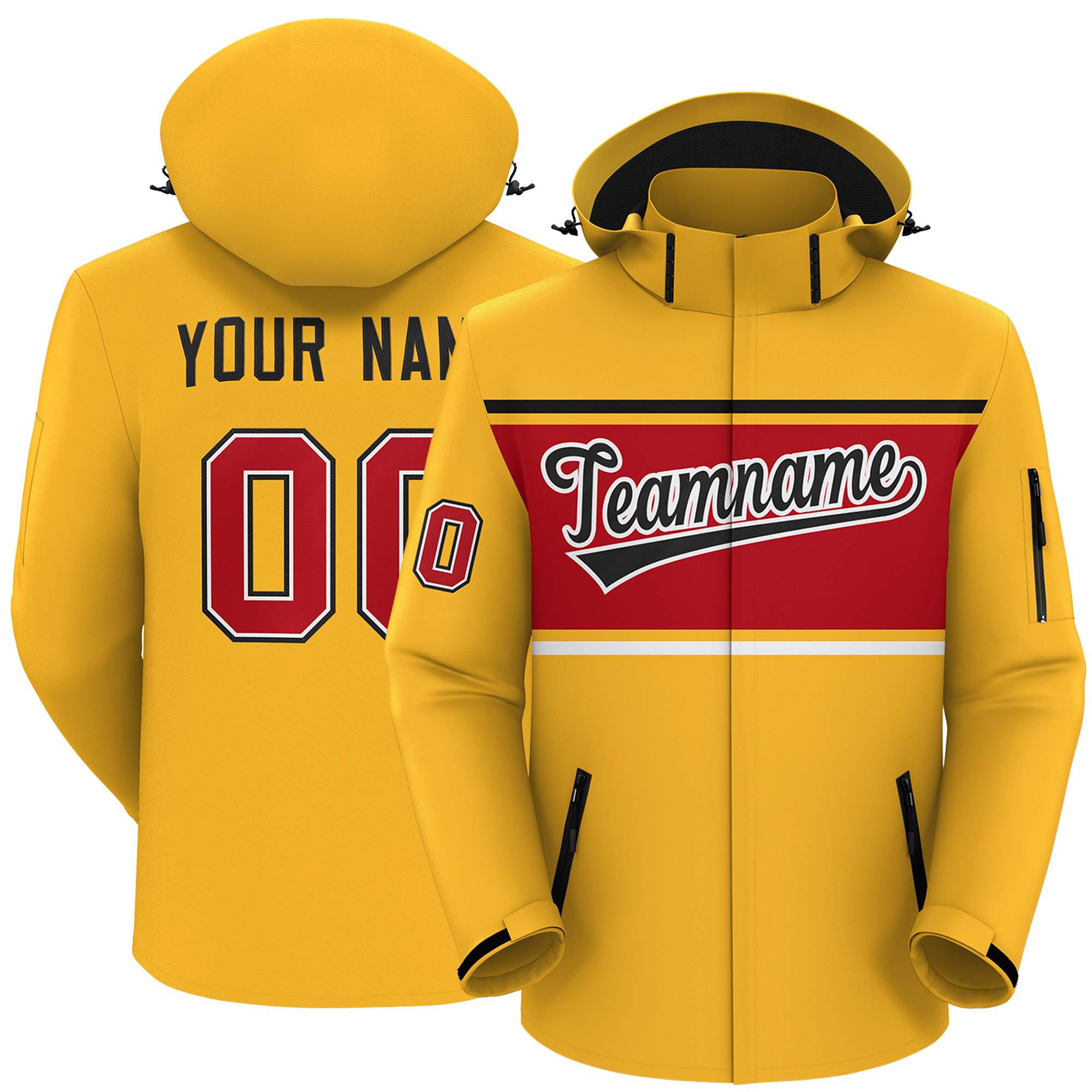 Custom Gold Black-Red Color Block Personalized Outdoor Hooded Waterproof Jacket