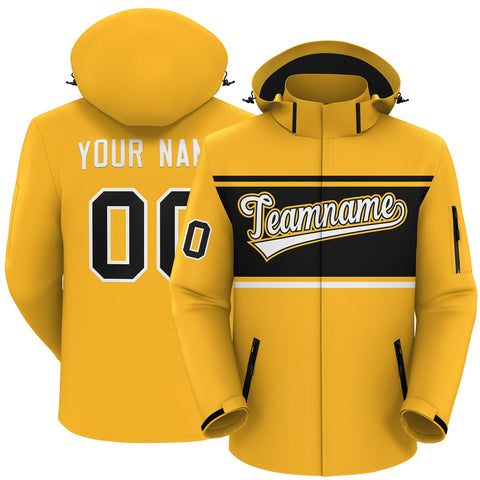Custom Gold Black-White Color Block Personalized Outdoor Hooded Waterproof Jacket
