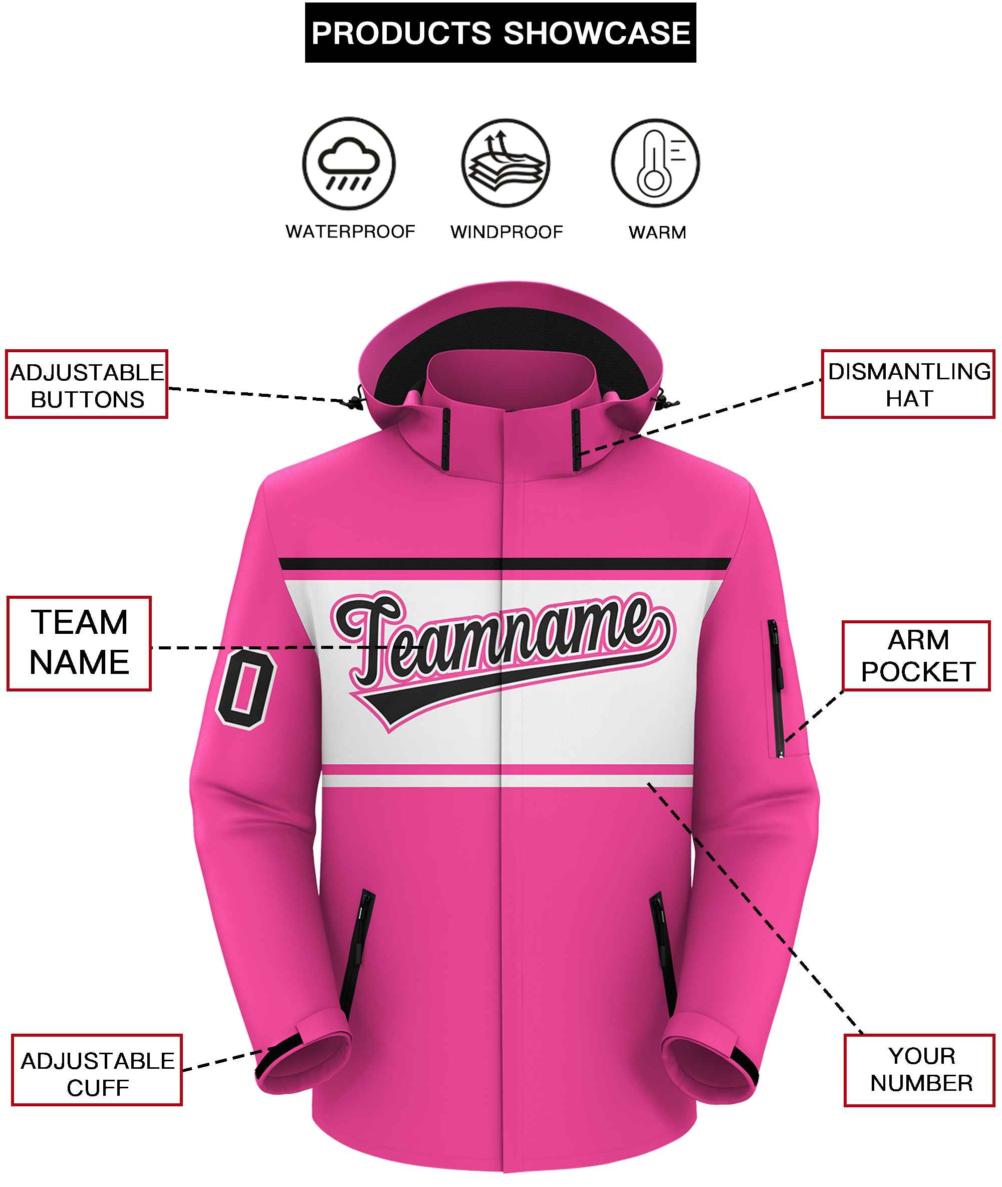 Custom Pink Black-White Color Block Personalized Outdoor Hooded Waterproof Jacket