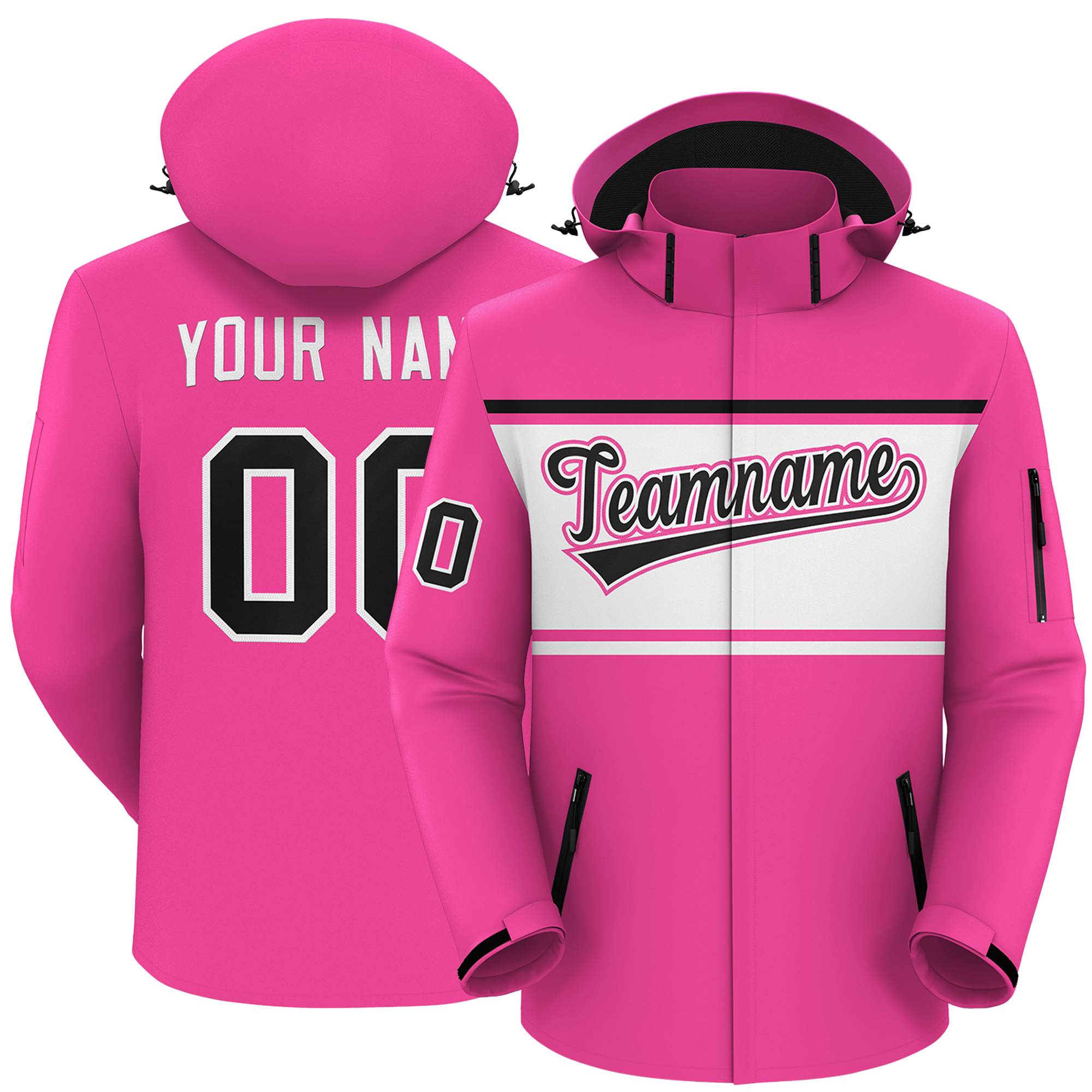 Custom Pink Black-White Color Block Personalized Outdoor Hooded Waterproof Jacket