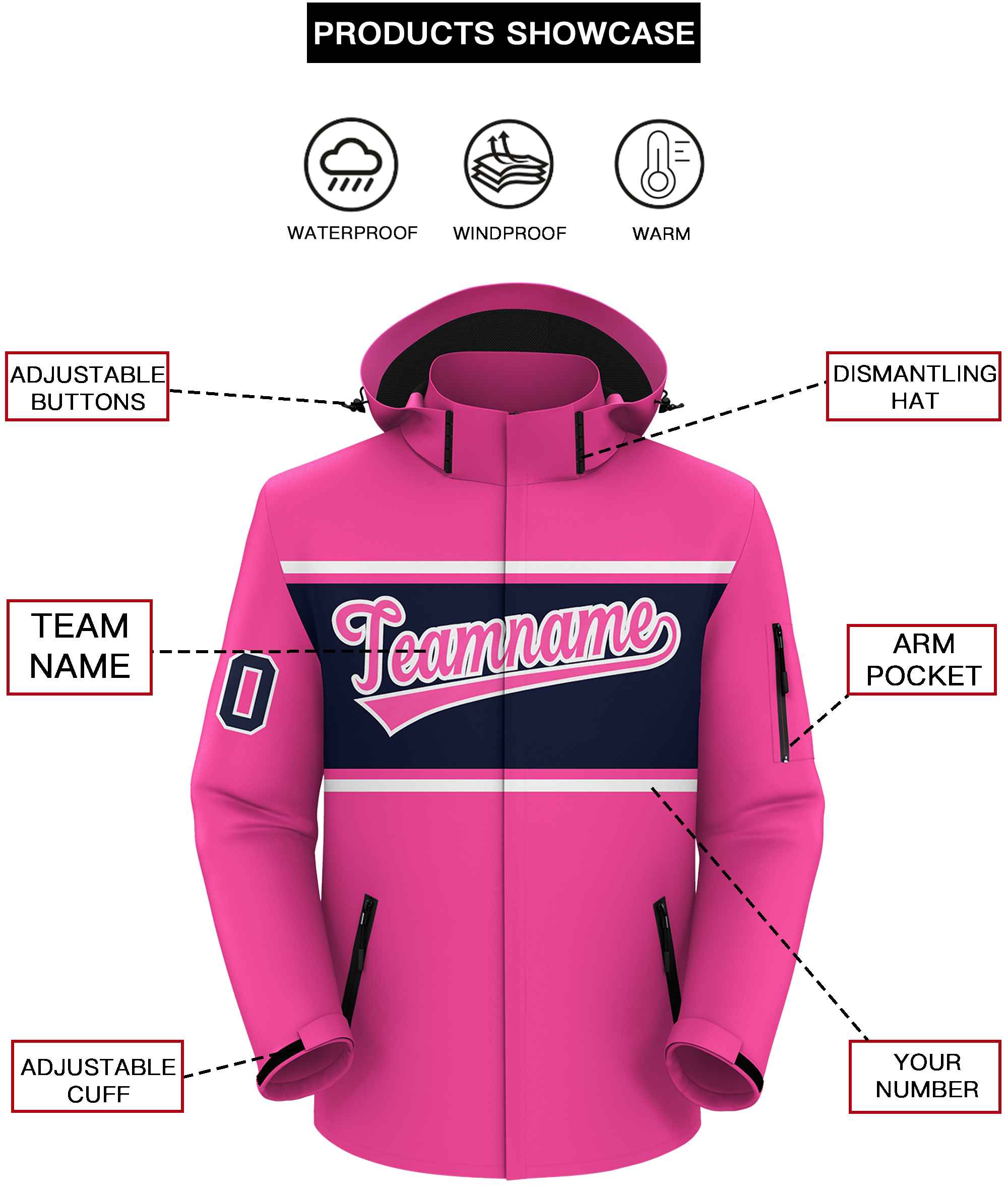 Custom Pink White-Navy Color Block Personalized Outdoor Hooded Waterproof Jacket