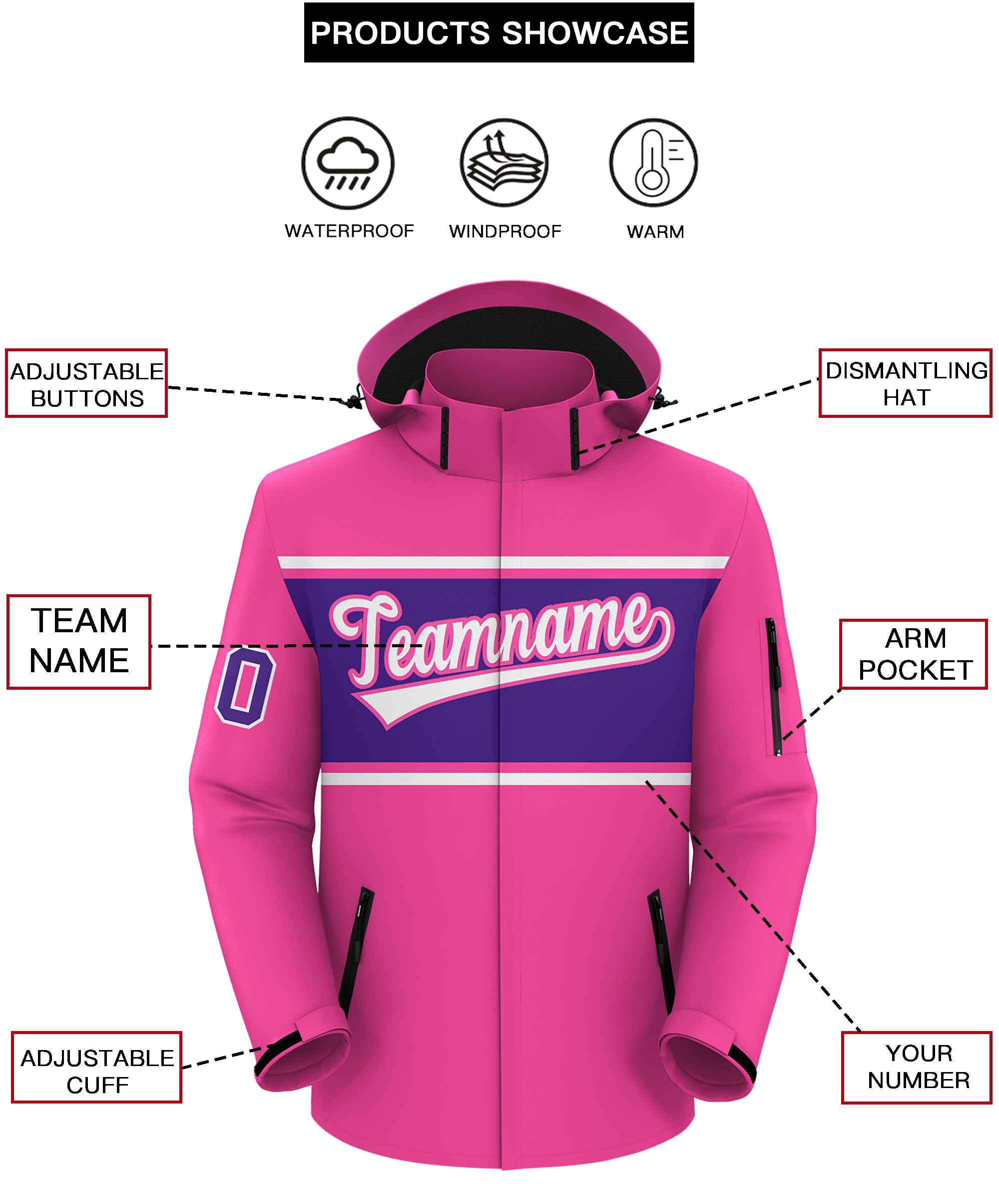 Custom Pink White-Purple Color Block Personalized Outdoor Hooded Waterproof Jacket