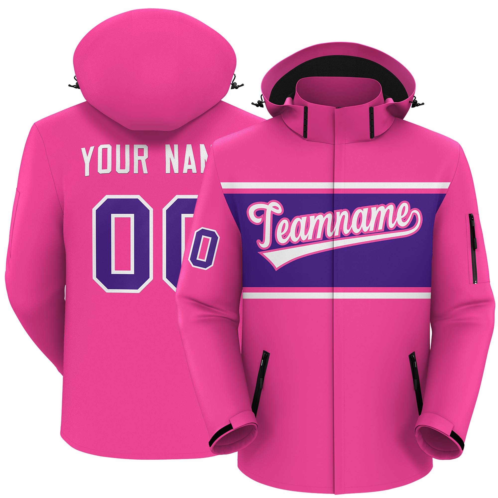 Custom Pink White-Purple Color Block Personalized Outdoor Hooded Waterproof Jacket