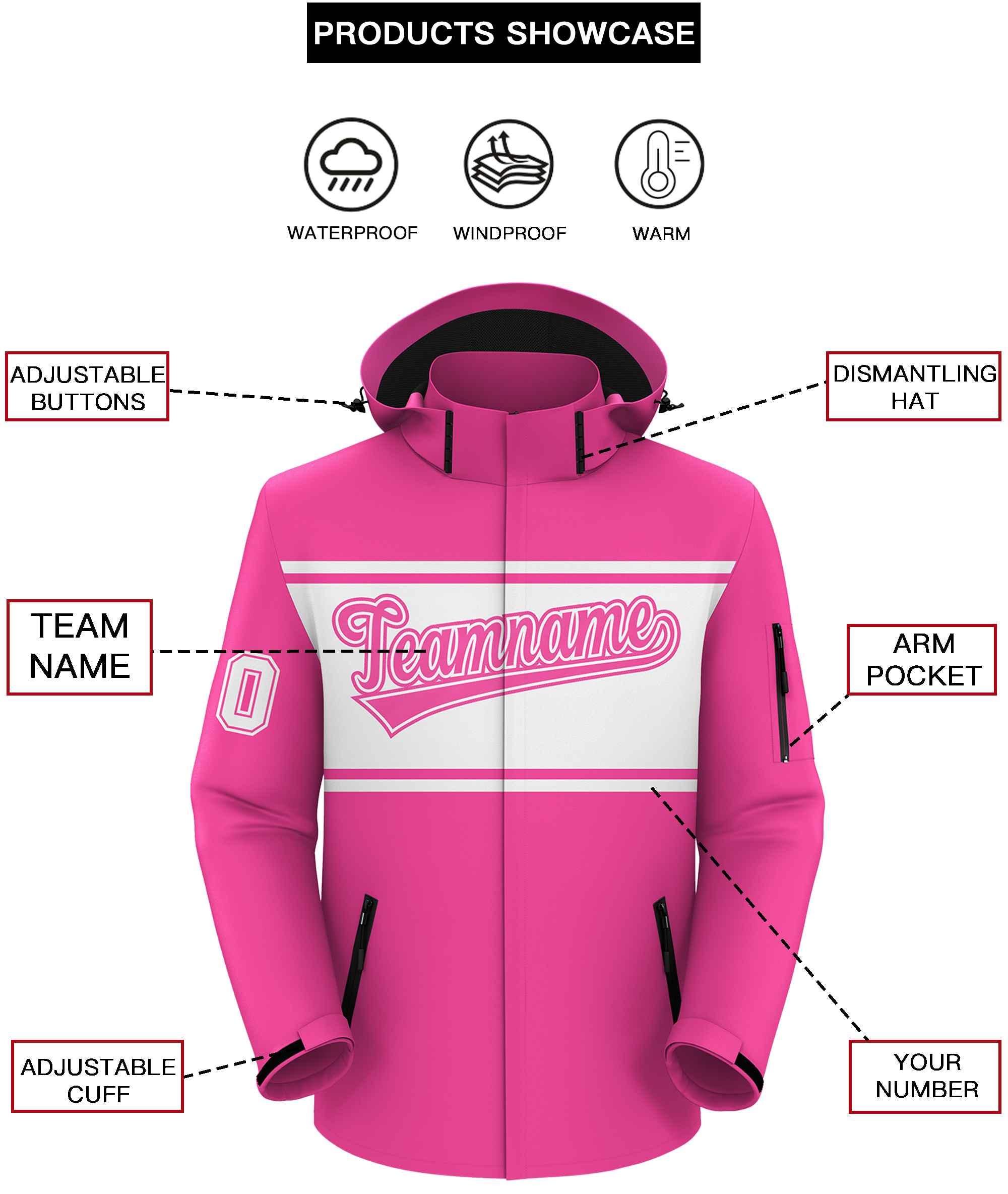 Custom Pink White Color Block Personalized Outdoor Hooded Waterproof Jacket