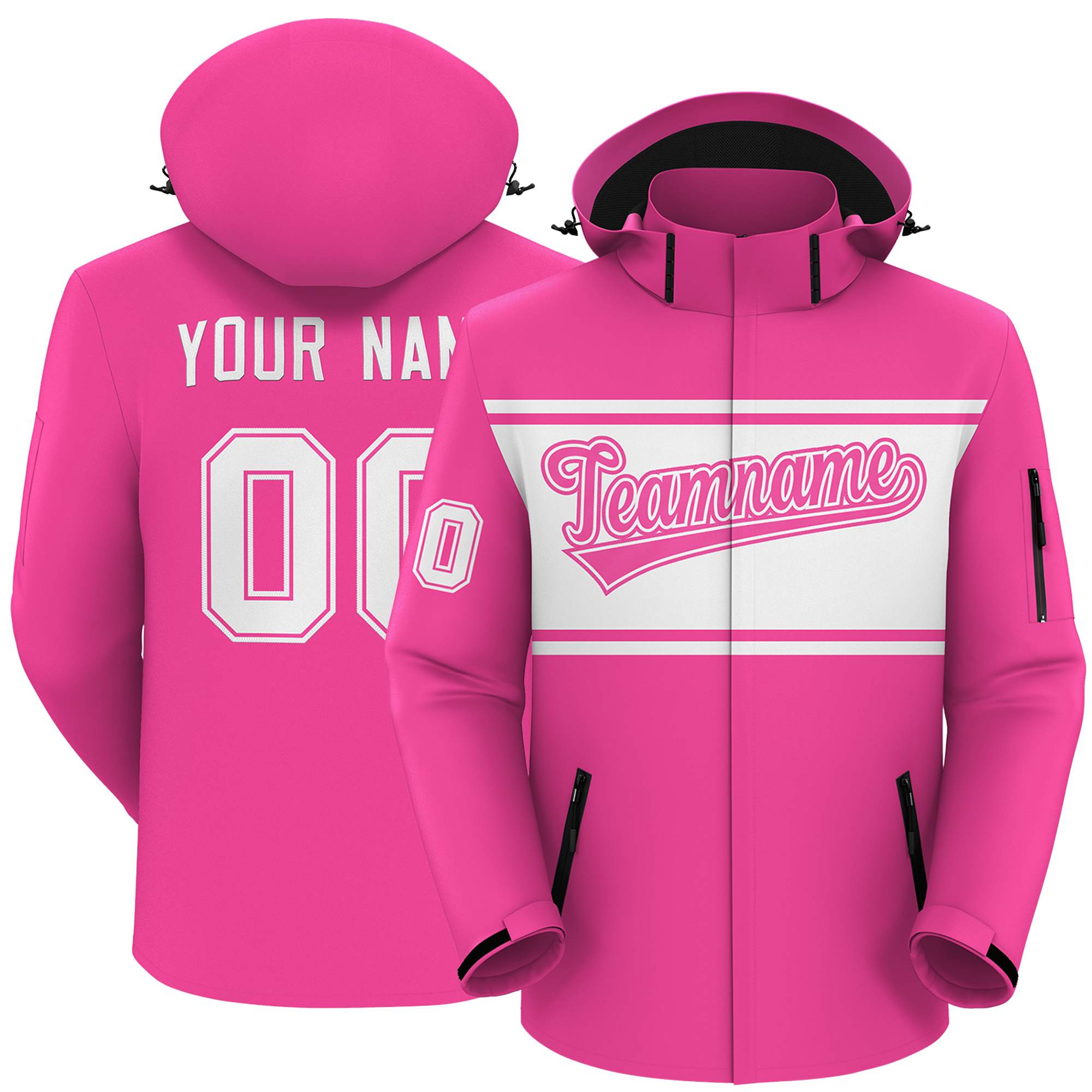 Custom Pink White Color Block Personalized Outdoor Hooded Waterproof Jacket