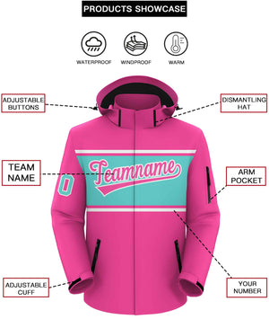 Custom Pink White-Aqua Color Block Personalized Outdoor Hooded Waterproof Jacket