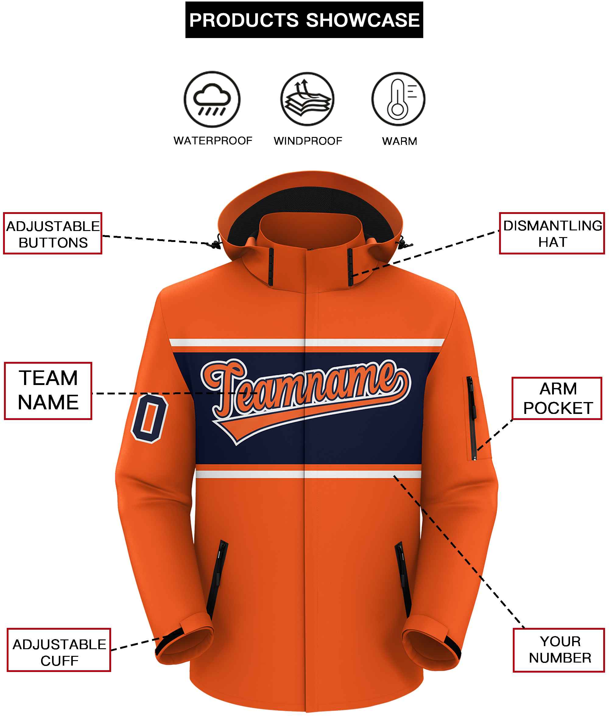 Custom Orange White-Navy Color Block Personalized Outdoor Hooded Waterproof Jacket