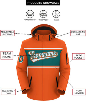 Custom Orange White-Aqua Color Block Personalized Outdoor Hooded Waterproof Jacket