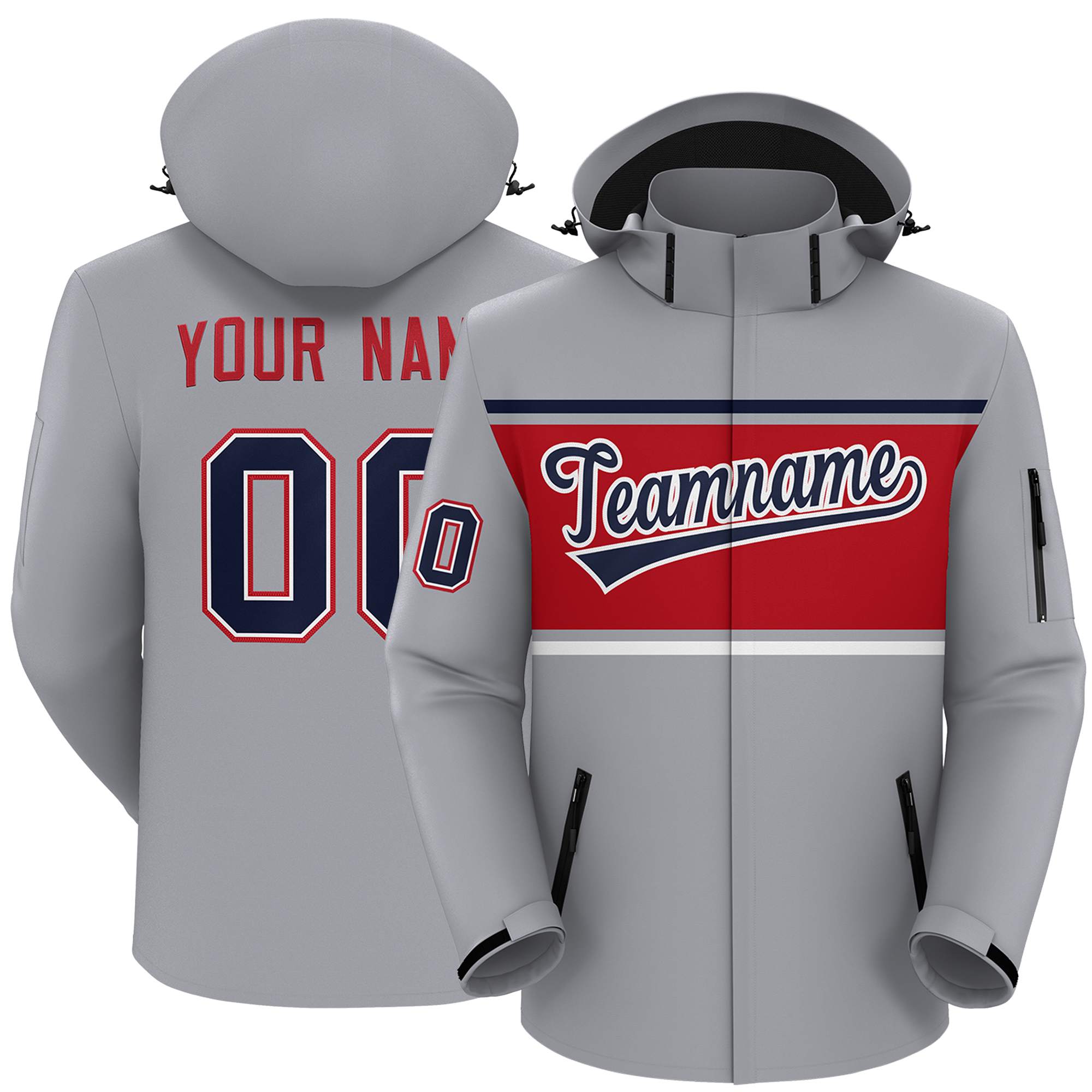 Custom Gray Navy-Red Color Block Personalized Outdoor Hooded Waterproof Jacket