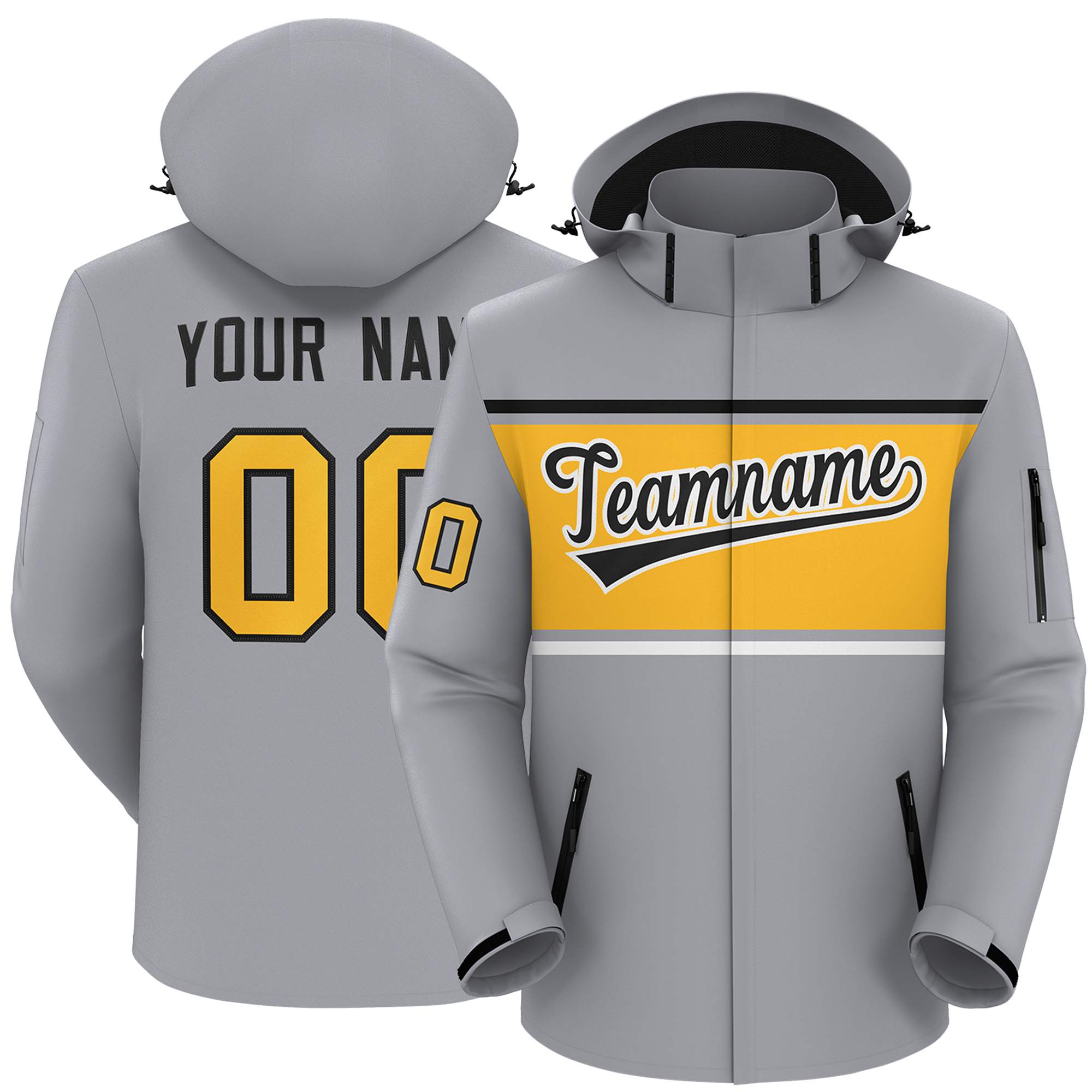 Custom Gray Black-Gold Color Block Personalized Outdoor Hooded Waterproof Jacket