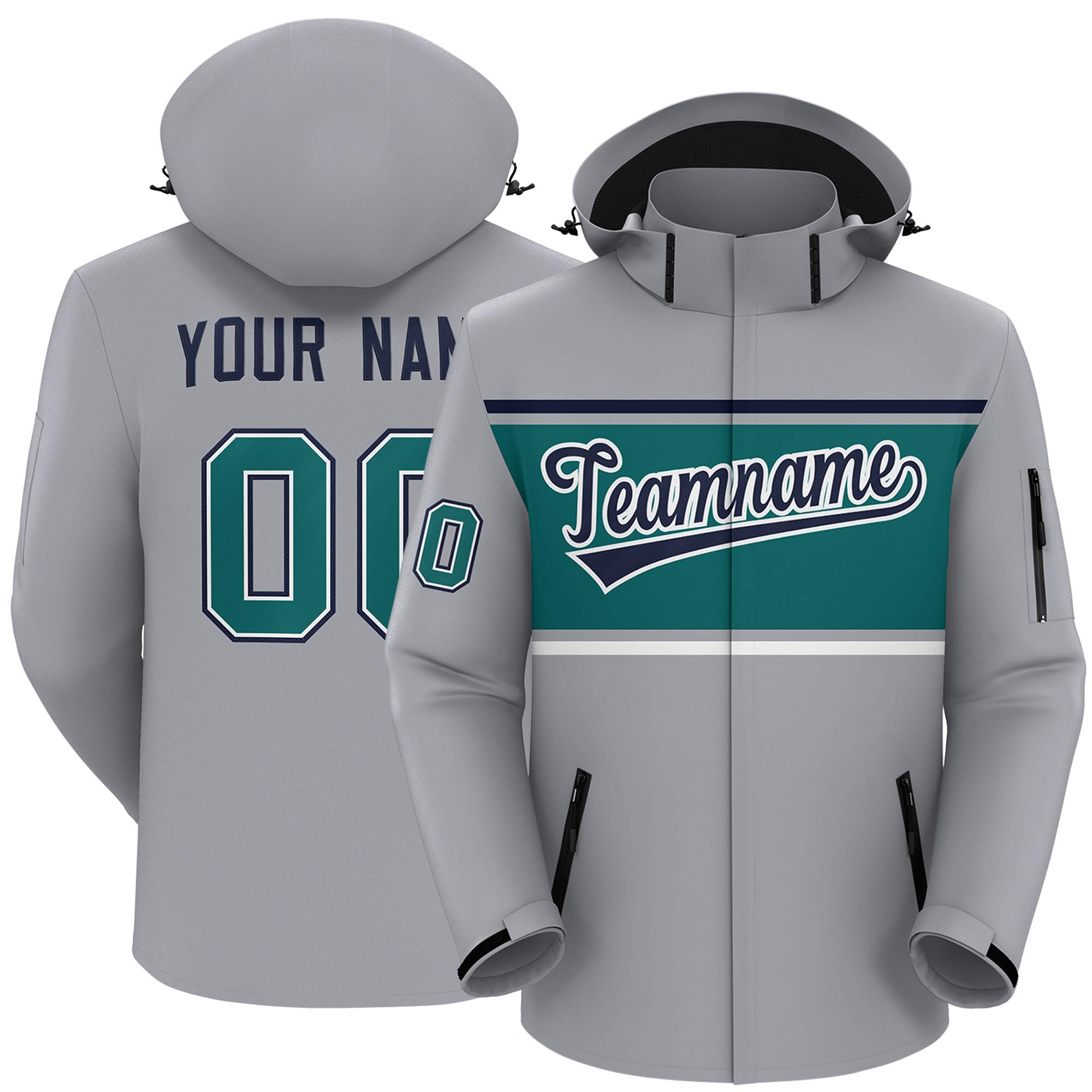 Custom Gray Navy-Aqua Color Block Personalized Outdoor Hooded Waterproof Jacket