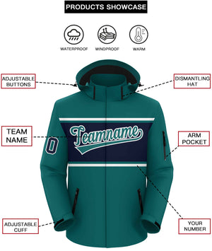 Custom Aqua White-Navy Color Block Personalized Outdoor Hooded Waterproof Jacket