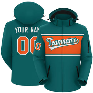 Custom Aqua White-Orange Color Block Personalized Outdoor Hooded Waterproof Jacket