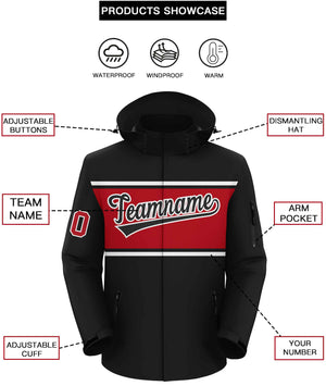 Custom Black White-Red Color Block Personalized Outdoor Hooded Waterproof Jacket