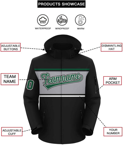 Custom Black Green-Gray Color Block Personalized Outdoor Hooded Waterproof Jacket
