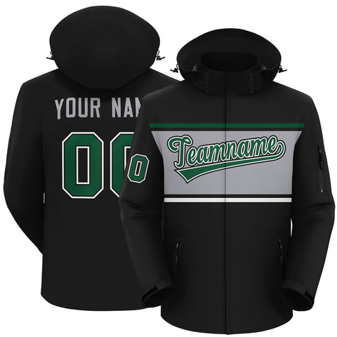 Custom Black Green-Gray Color Block Personalized Outdoor Hooded Waterproof Jacket
