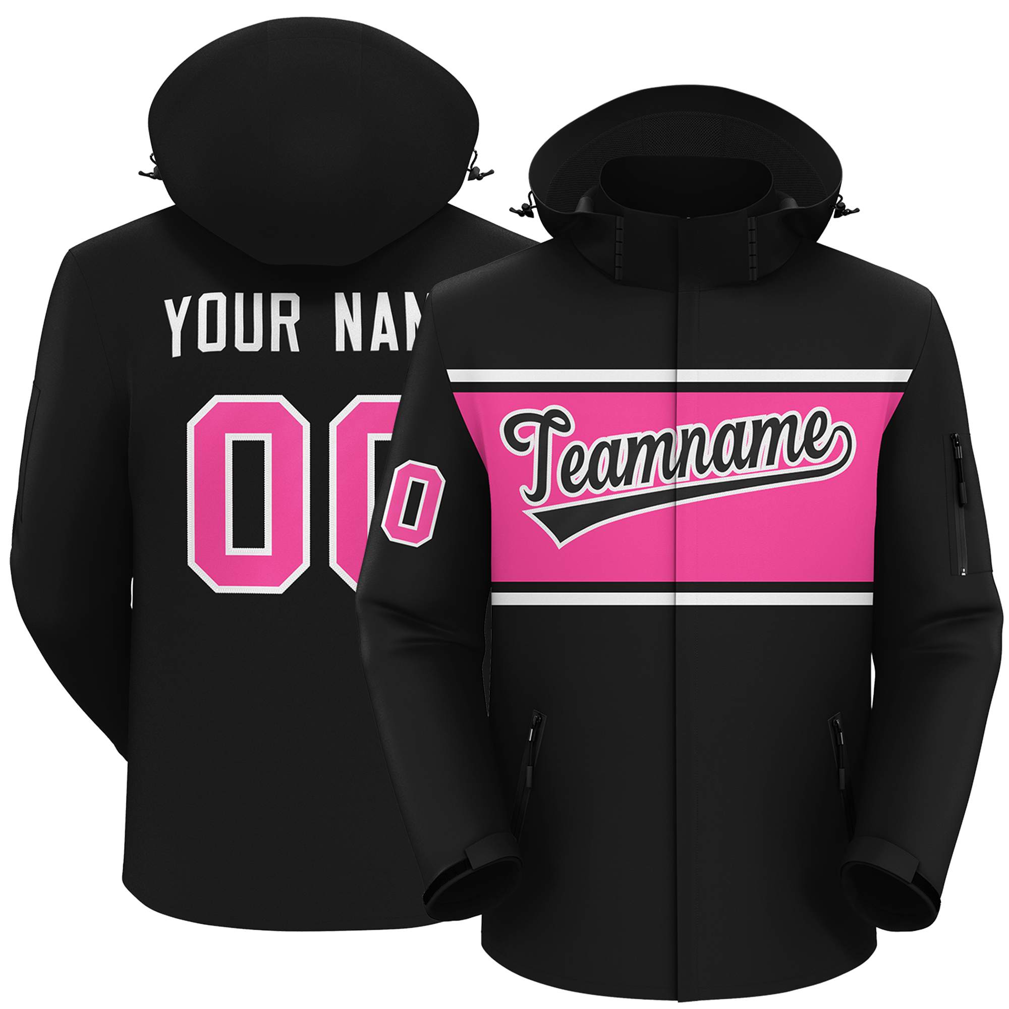 Custom Black White-Pink Color Block Personalized Outdoor Hooded Waterproof Jacket