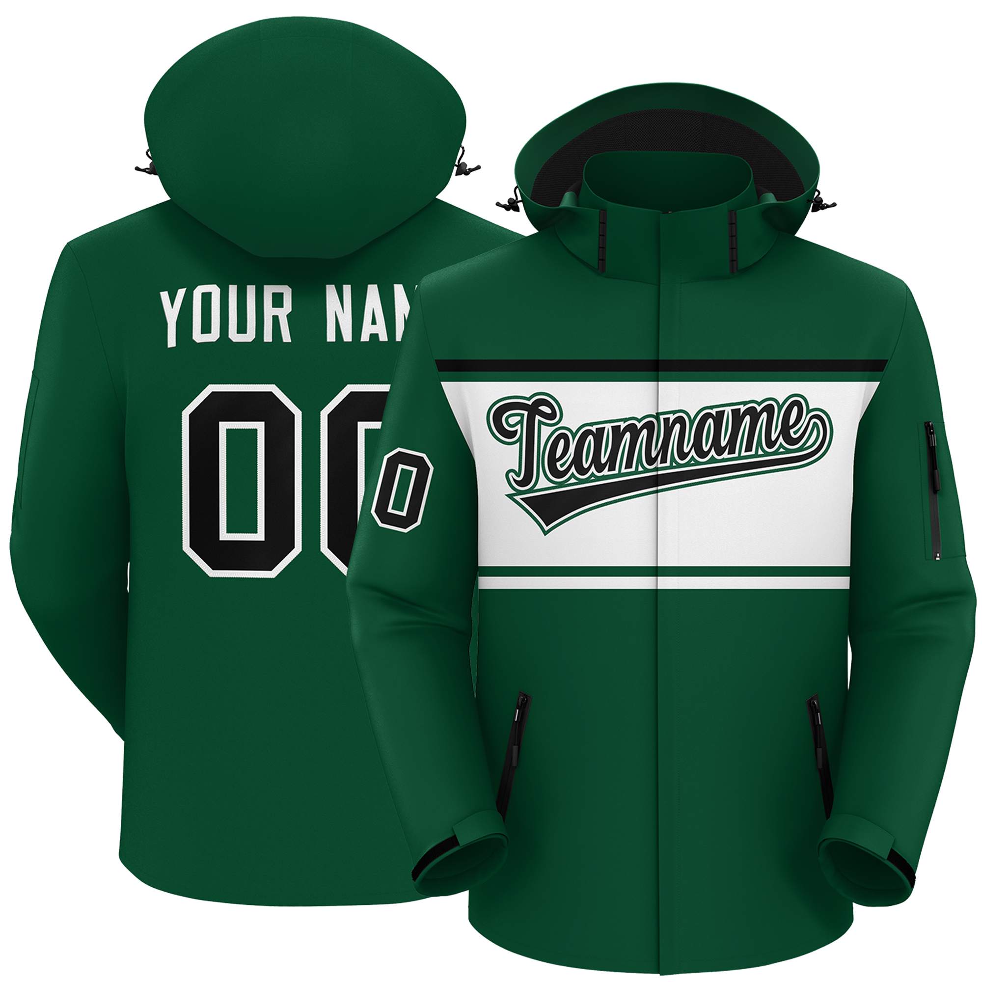 Custom Green Black-White Color Block Personalized Outdoor Hooded Waterproof Jacket