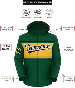 Custom Green Black-Gold Color Block Personalized Outdoor Hooded Waterproof Jacket