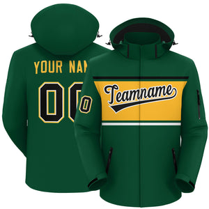 Custom Green Black-Gold Color Block Personalized Outdoor Hooded Waterproof Jacket