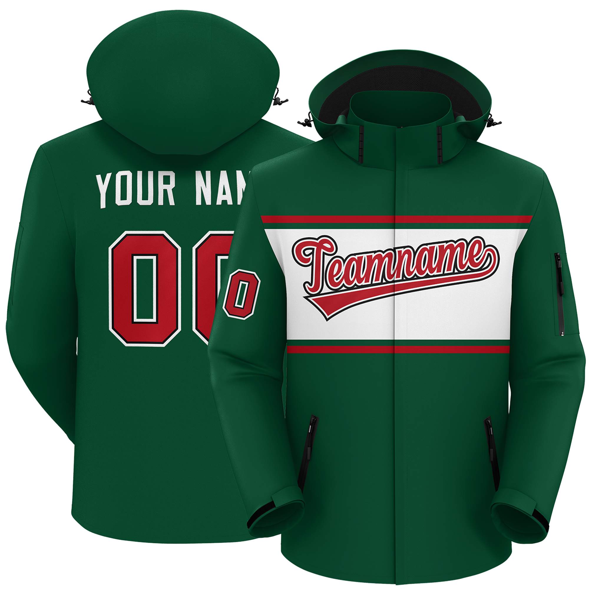 Custom Green Red-White Color Block Personalized Outdoor Hooded Waterproof Jacket