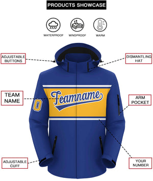 Custom Royal White-Gold Color Block Personalized Outdoor Hooded Waterproof Jacket