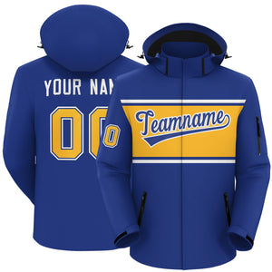 Custom Royal White-Gold Color Block Personalized Outdoor Hooded Waterproof Jacket