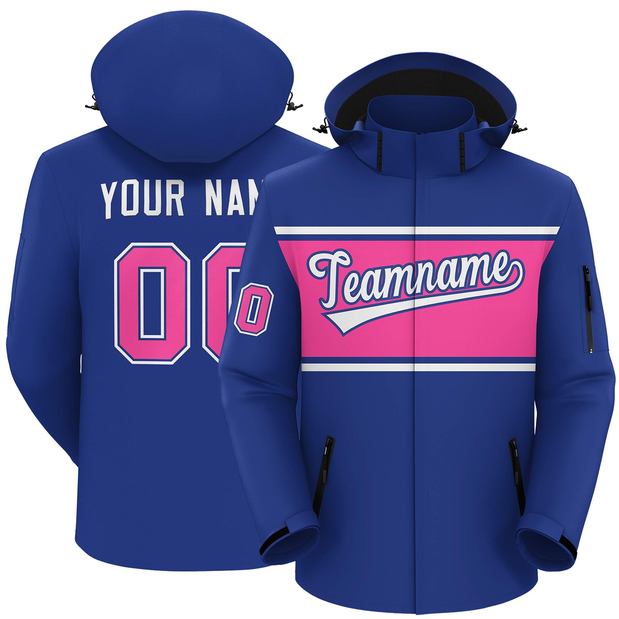 Custom Royal White-Pink Color Block Personalized Outdoor Hooded Waterproof Jacket