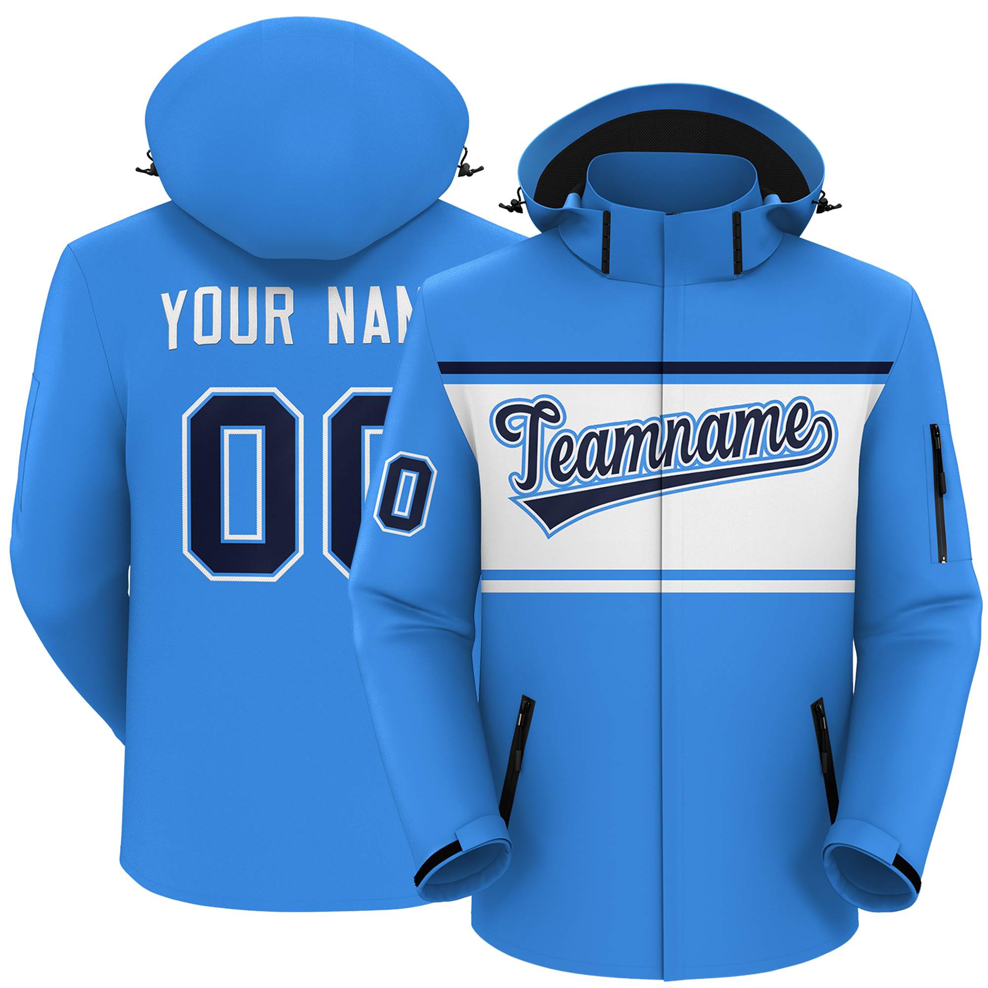 Custom Powder Blue Black-White Color Block Personalized Outdoor Hooded Waterproof Jacket