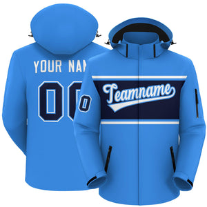 Custom Powder Blue White-Navy Color Block Personalized Outdoor Hooded Waterproof Jacket