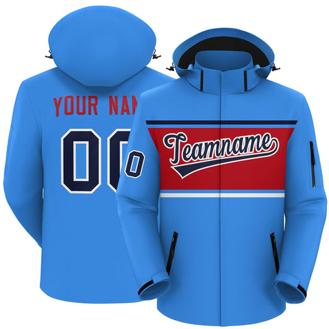 Custom Powder Blue Navy-Red Color Block Personalized Outdoor Hooded Waterproof Jacket