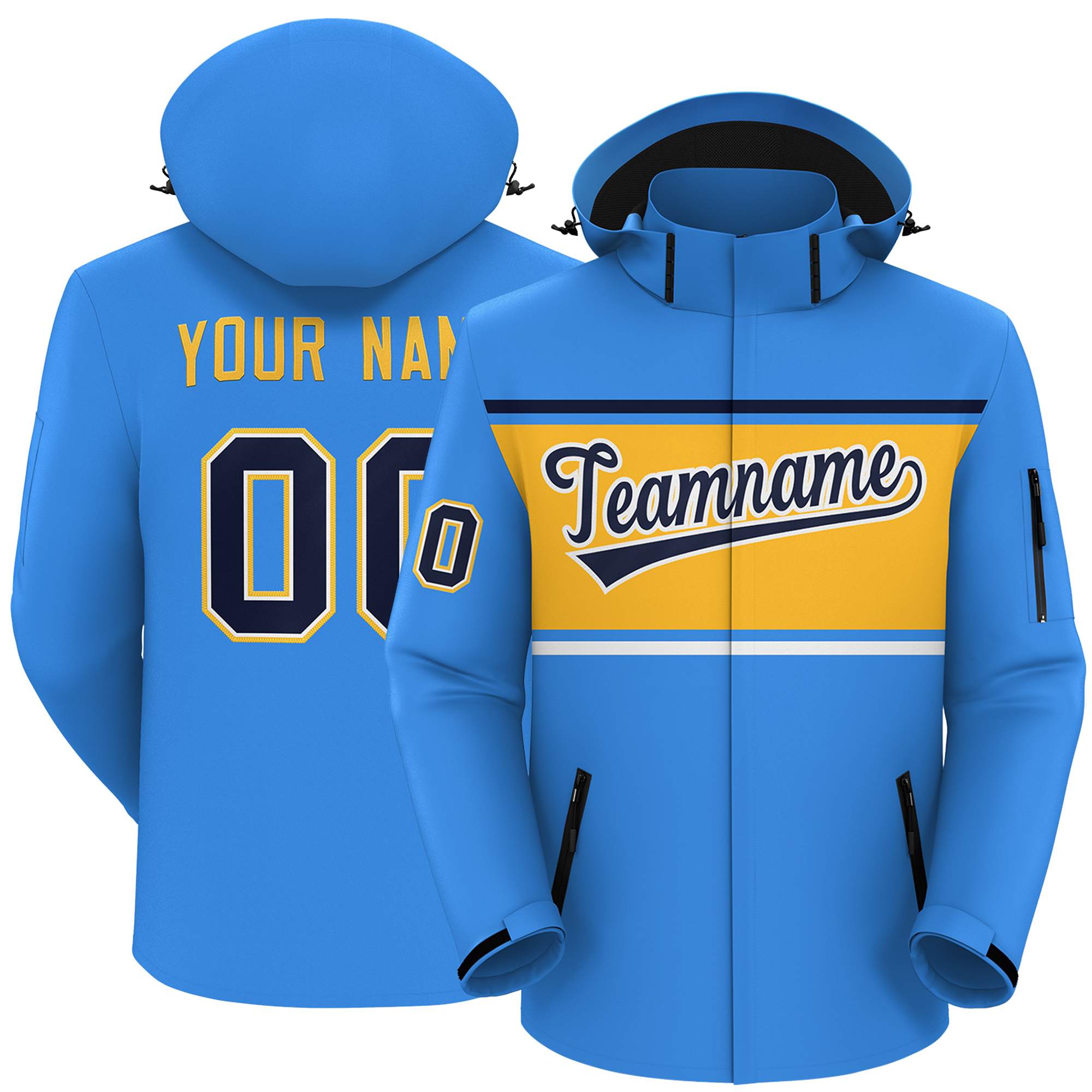 Custom Powder Blue Navy-Gold Color Block Personalized Outdoor Hooded Waterproof Jacket