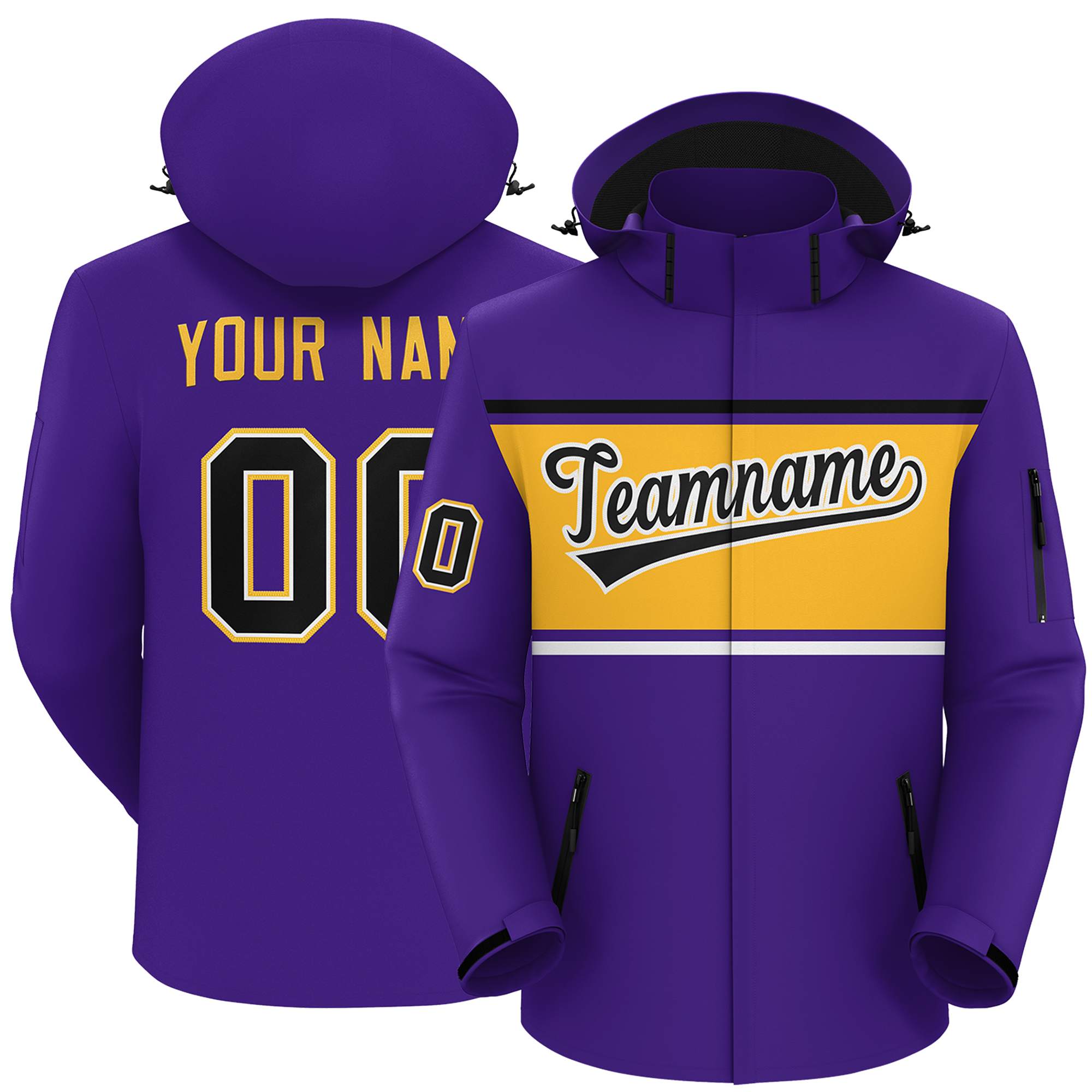 Custom Purple Black-Gold Color Block Personalized Outdoor Hooded Waterproof Jacket