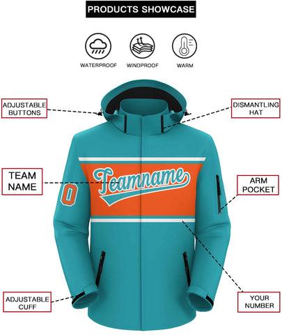 Custom Aqua White-Orange Color Block Personalized Outdoor Hooded Waterproof Jacket