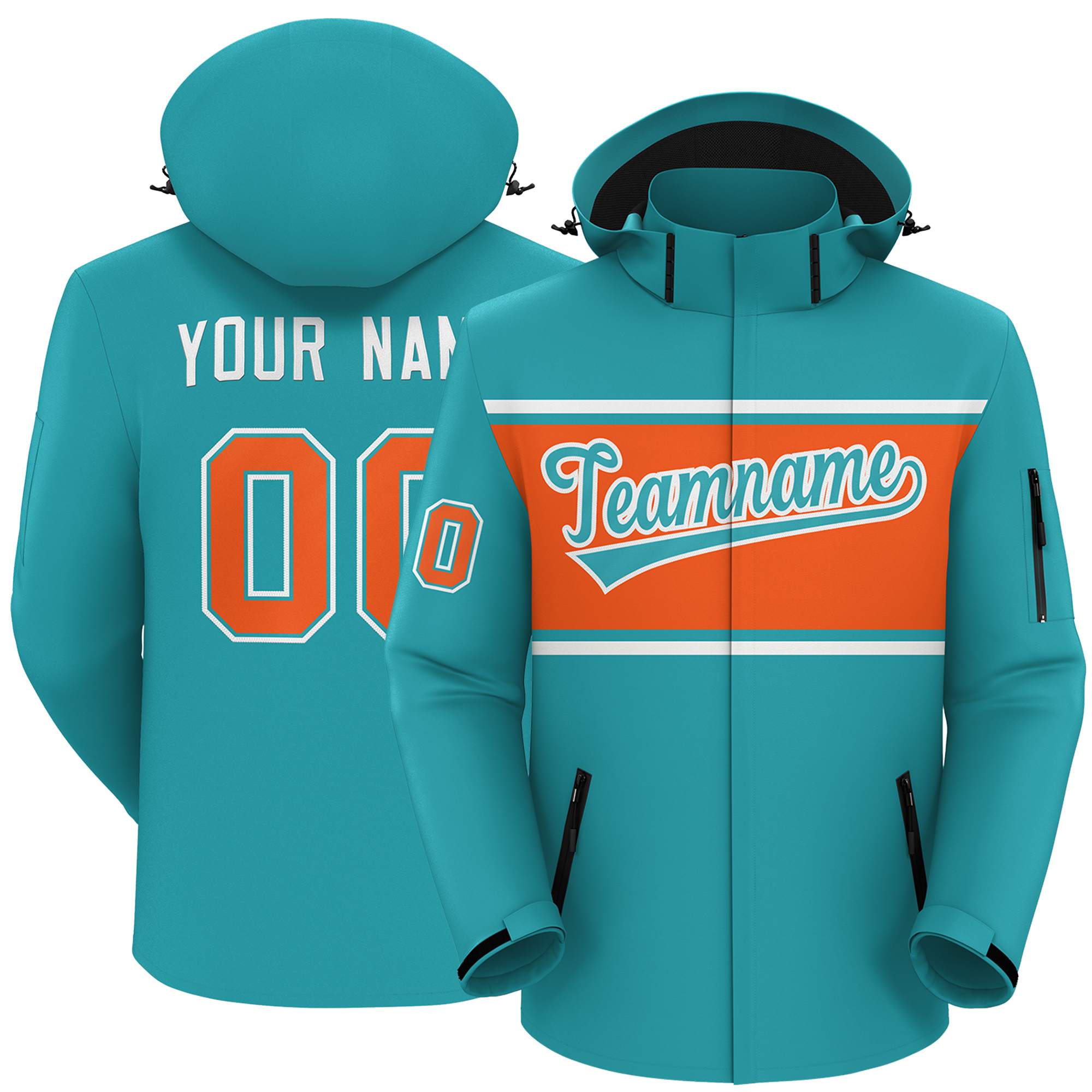 Custom Aqua White-Orange Color Block Personalized Outdoor Hooded Waterproof Jacket