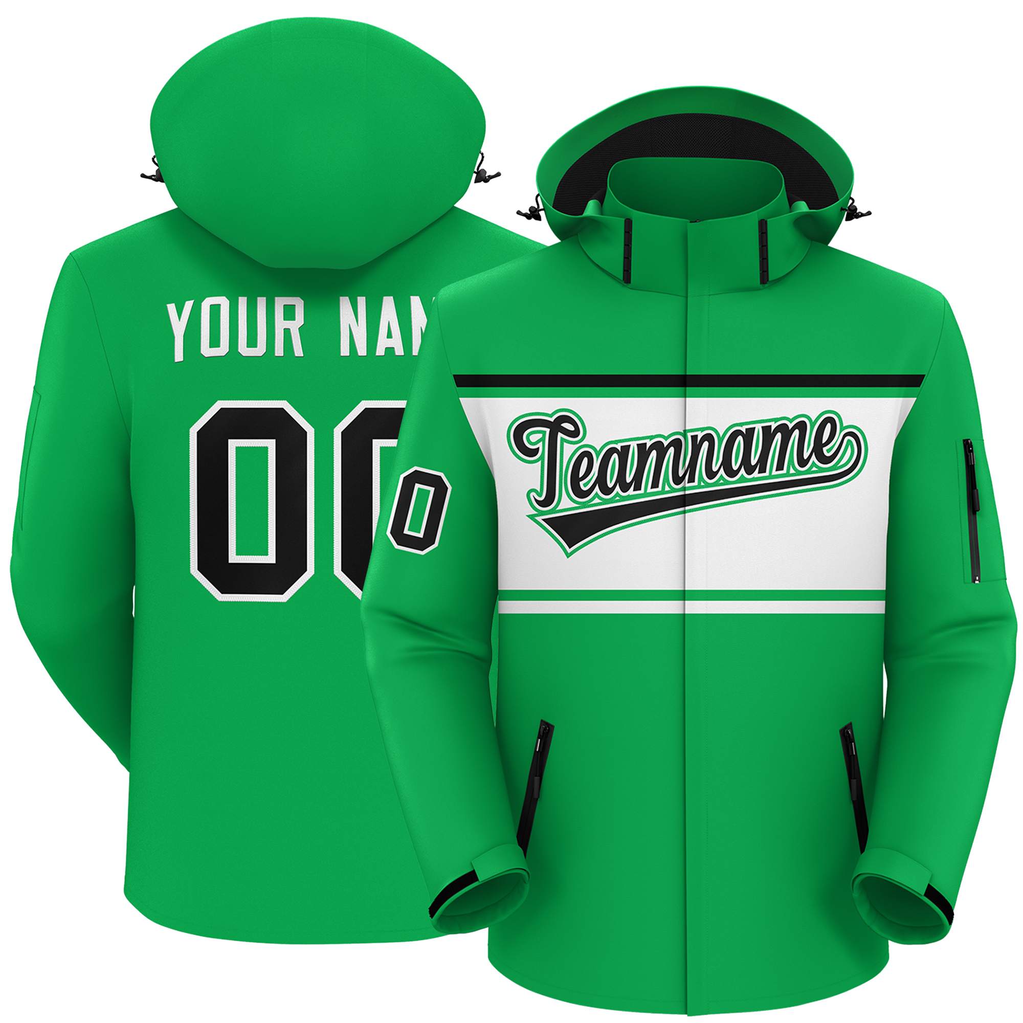 Custom Kelly Green Black-White Color Block Personalized Outdoor Hooded Waterproof Jacket