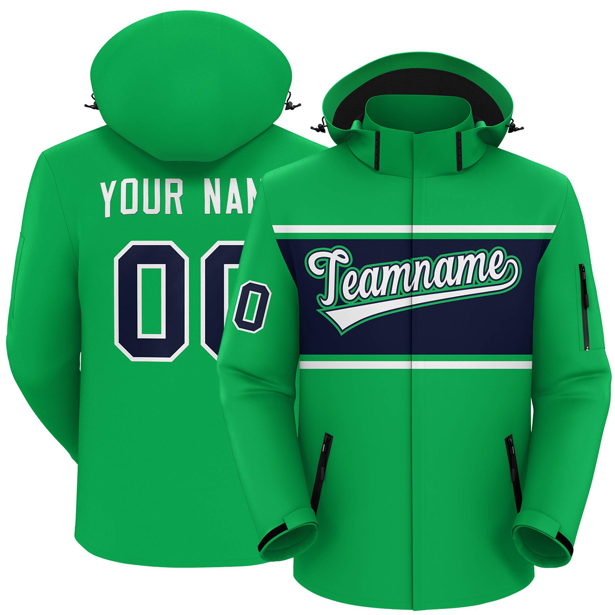 Custom Kelly Green White-Navy Color Block Personalized Outdoor Hooded Waterproof Jacket