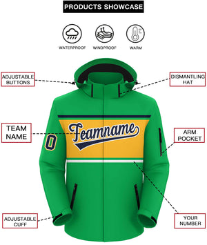 Custom Kelly Green Navy-Gold Color Block Personalized Outdoor Hooded Waterproof Jacket