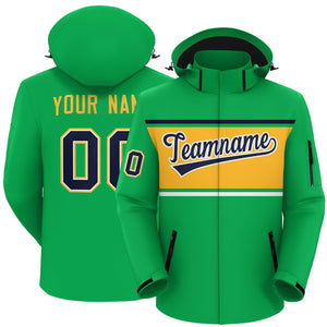 Custom Kelly Green Navy-Gold Color Block Personalized Outdoor Hooded Waterproof Jacket