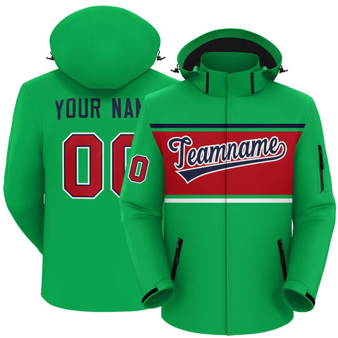 Custom Kelly Green Navy-Red Color Block Personalized Outdoor Hooded Waterproof Jacket