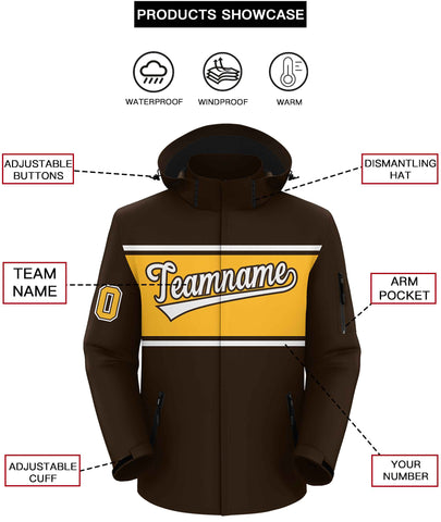 Custom Brown White-Gold Color Block Personalized Outdoor Hooded Waterproof Jacket