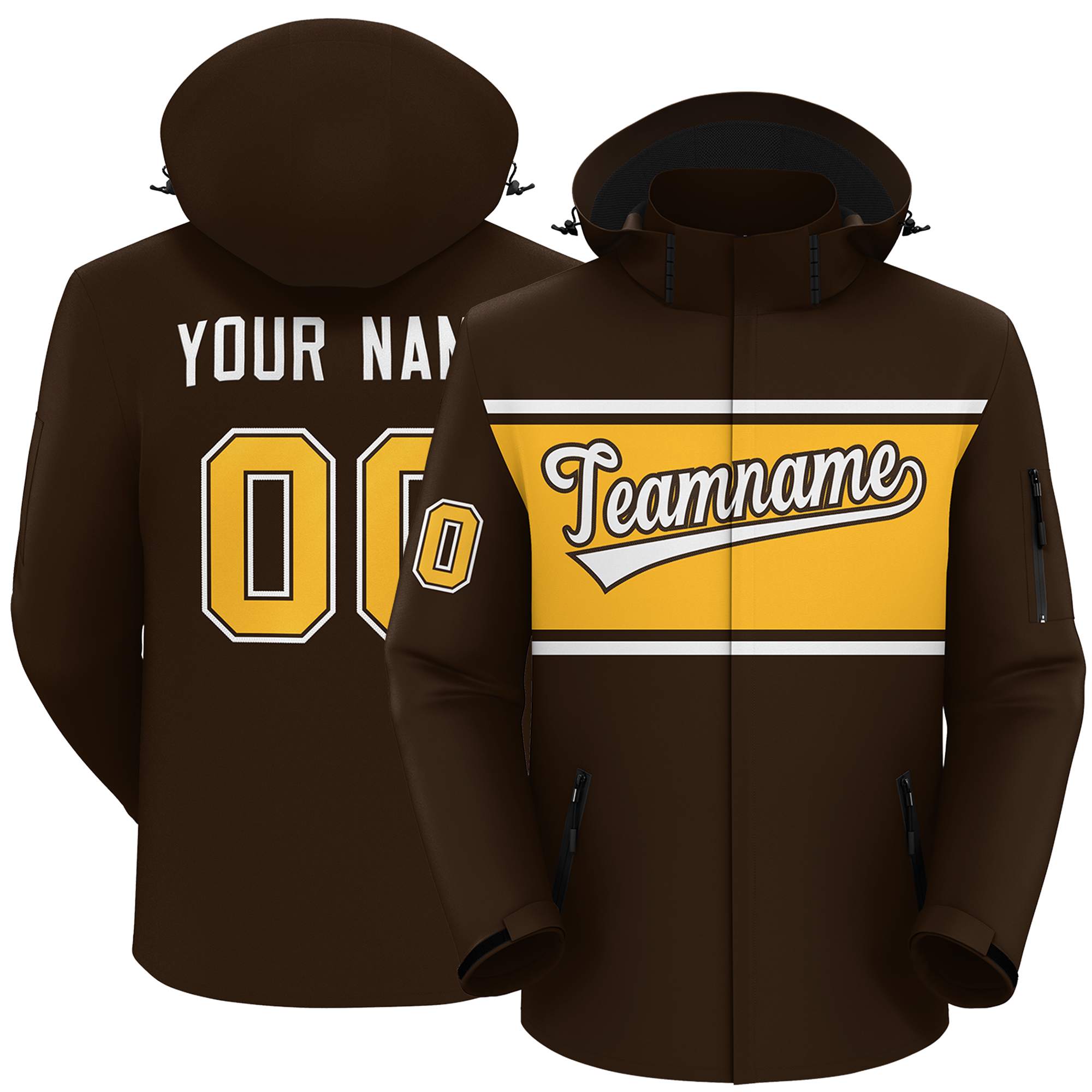 Custom Brown White-Gold Color Block Personalized Outdoor Hooded Waterproof Jacket